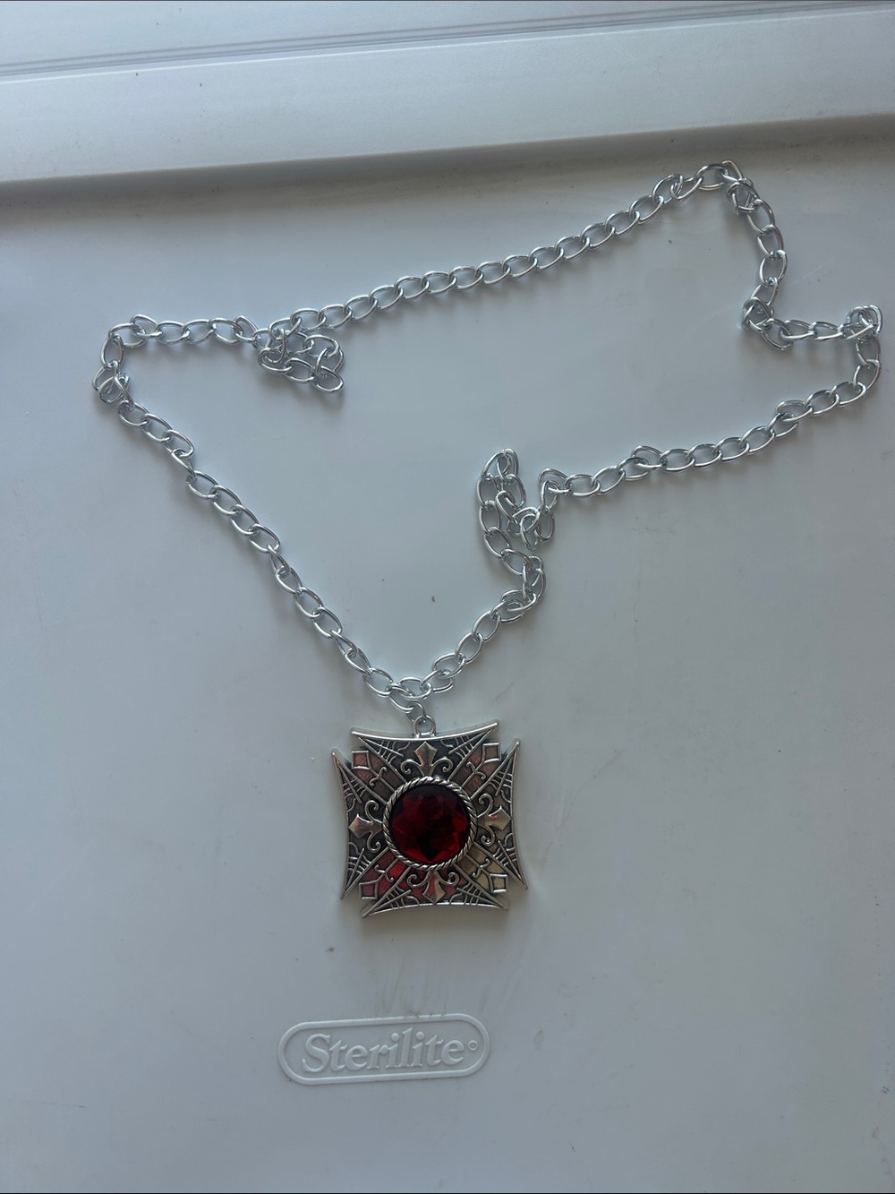 Silver Chain Necklace with Red Gem Pendant